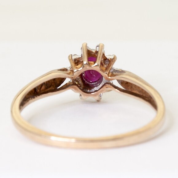 10K Gold Natural Red Ruby and Diamond Halo Ring - Elegant Vintage Jewelry, Sz 7 - Picture 7 of 8